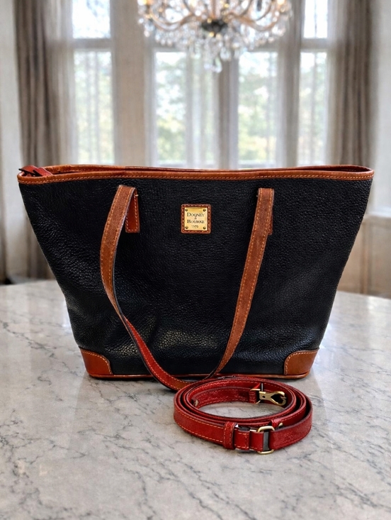 Dooney & Bourke Handbags - Dooney & Bourke Black Pebbled Leather Tote Brown Trim + NEW Red Leather Strap